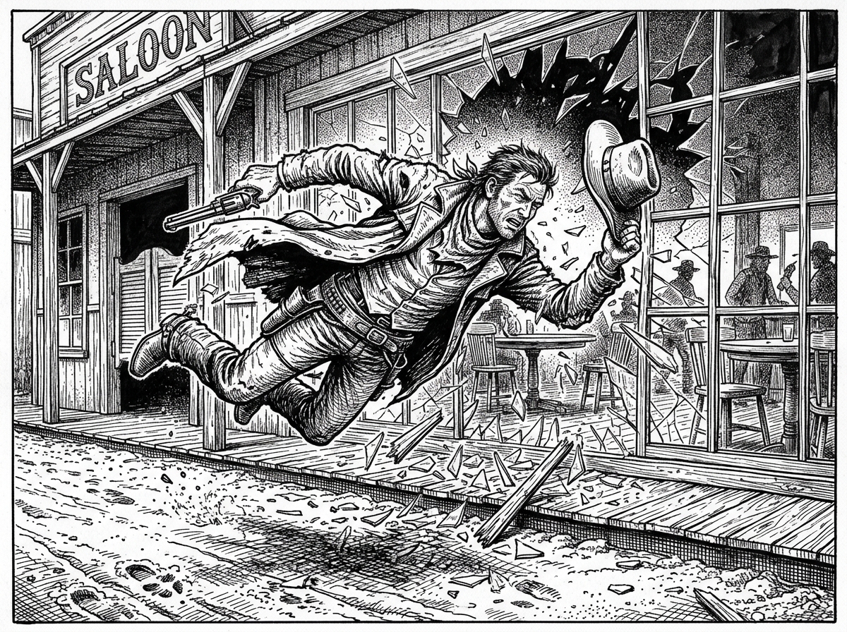 Diving through saloon window